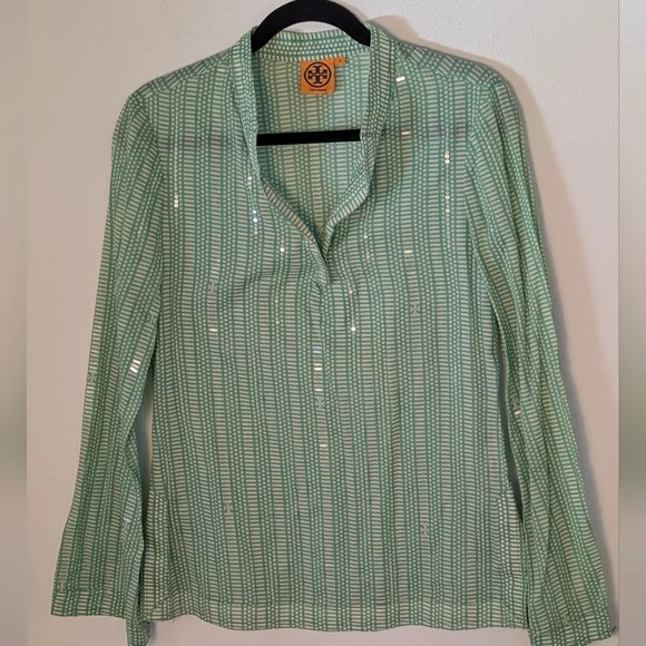 TORY BURCH Stephanie Green Sequin V-Neck Long Sleeve Cotton Tunic Blouse Size 6 - Picture 2 of 14